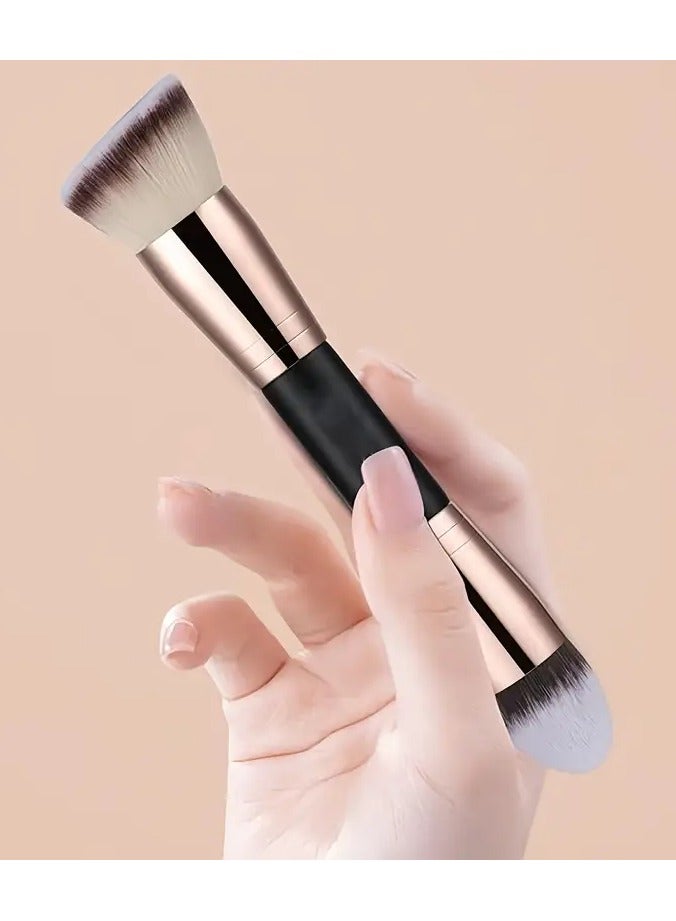 Rozino مجموعة فرش مكياج الأساس ذات الطرفين 2 قطعة - زاوية كونتور وقمة مسطحة، شعيرات نايلون ناعمة، مقبض خشبي، خالية من العطور، صديقة للبشرة، مثالية للمبتدئين والسفر، أداة تجميل وجه متعددة الوظائف، حامل فرش المكياج - Image 2