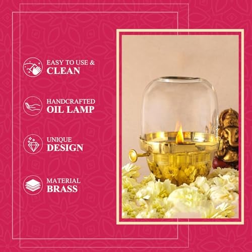 Klassic 6.5 Inches Pure Brass Akhand Jyoti Diya with Adjustable Bati Knob | Wick Lifting Screw Lever & Borosilicate Glass Cover | Perfect for Pooja Room, Diwali and Navratri Celebration - Image 5