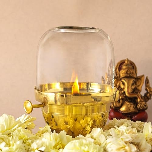 Klassic 6.5 Inches Pure Brass Akhand Jyoti Diya with Adjustable Bati Knob | Wick Lifting Screw Lever & Borosilicate Glass Cover | Perfect for Pooja Room, Diwali and Navratri Celebration - Image 3