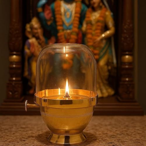 Klassic 6.5 Inches Pure Brass Akhand Jyoti Diya with Adjustable Bati Knob | Wick Lifting Screw Lever & Borosilicate Glass Cover | Perfect for Pooja Room, Diwali and Navratri Celebration - Image 1