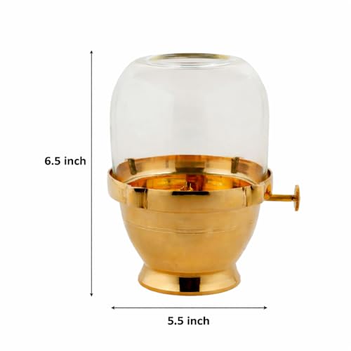 Klassic 6.5 Inches Pure Brass Akhand Jyoti Diya with Adjustable Bati Knob | Wick Lifting Screw Lever & Borosilicate Glass Cover | Perfect for Pooja Room, Diwali and Navratri Celebration - Image 2