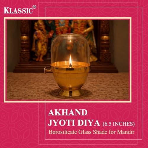 Klassic 6.5 Inches Pure Brass Akhand Jyoti Diya with Adjustable Bati Knob | Wick Lifting Screw Lever & Borosilicate Glass Cover | Perfect for Pooja Room, Diwali and Navratri Celebration - Image 4