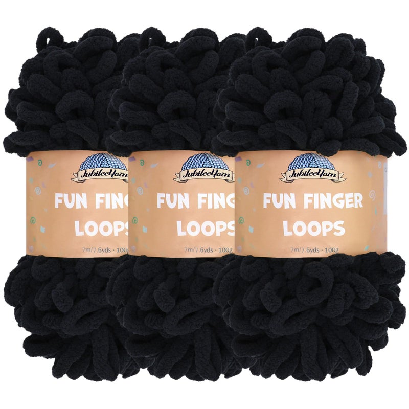 JubileeYarn Fun Finger Loops Yarn  100gSkein Jumbo Polyester  Black  3 Skeins