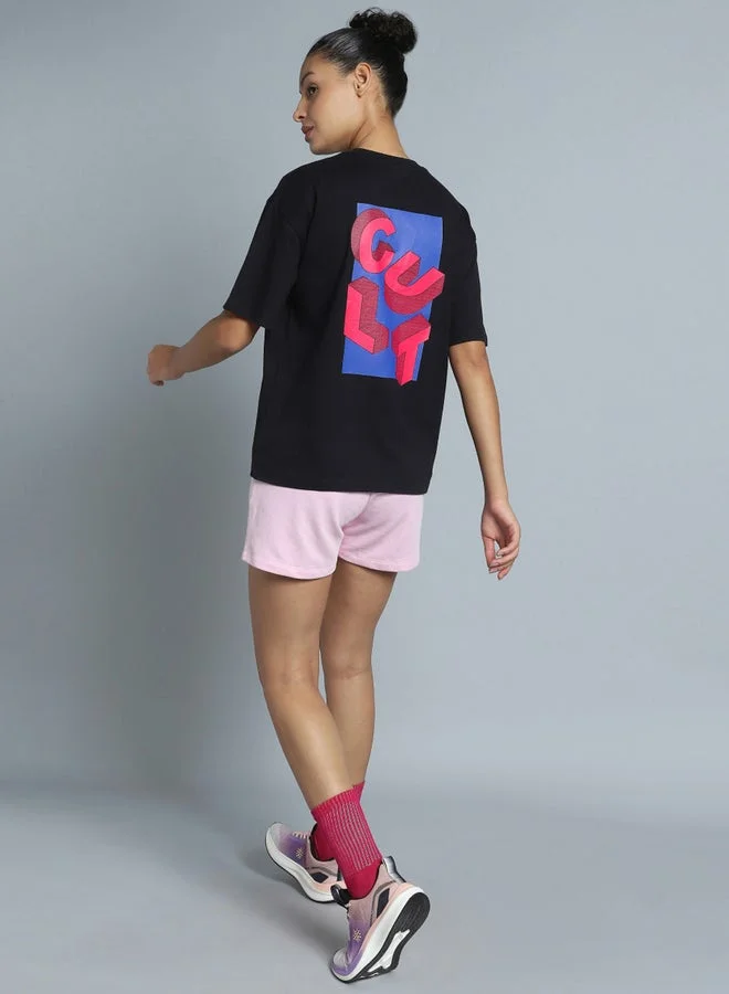 Cult Women Black Back Print Relaxed Fit T-Shirt