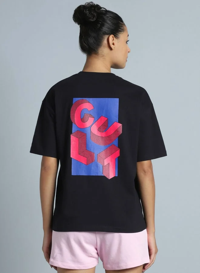 Cult Women Black Back Print Relaxed Fit T-Shirt