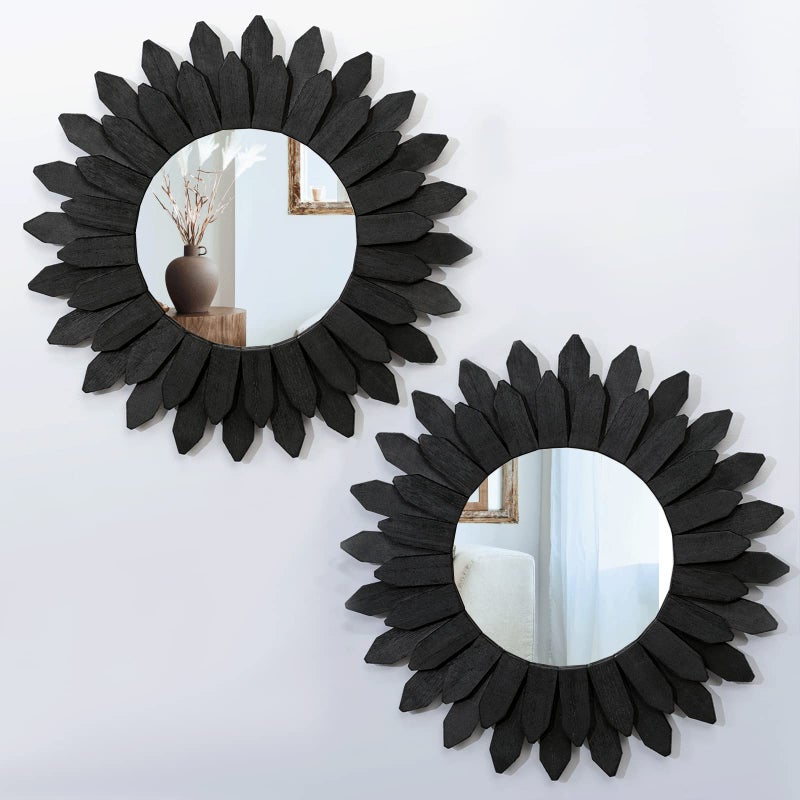 Honiway Boho Wall Decor Mirrors for Wall 2 Pack 12 inch Wood Decorative Mirror for Room Decor Rustic Home Decor Farmhouse Wall Decor for Bedroom Bathroom Living Room Kitchen Black
