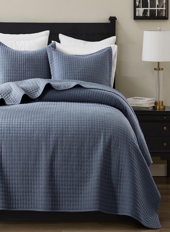 WDCOZY 100% Cotton King Size Quilt Set - Dusty Blue Pick Stitch Soft Lightweight Bedspread, Textured Like Linen, Farmhouse Country Rustic Coverlet, Shabby Chic Gauze Bedding, 3 Pieces - Image 1