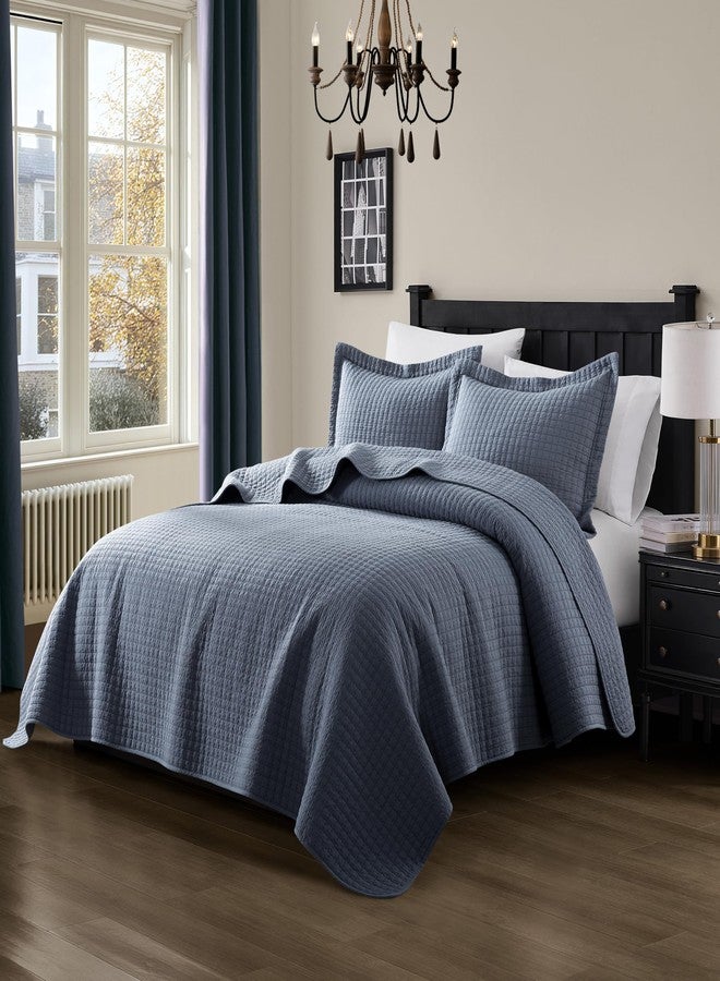 WDCOZY 100% Cotton King Size Quilt Set - Dusty Blue Pick Stitch Soft Lightweight Bedspread, Textured Like Linen, Farmhouse Country Rustic Coverlet, Shabby Chic Gauze Bedding, 3 Pieces - Image 2