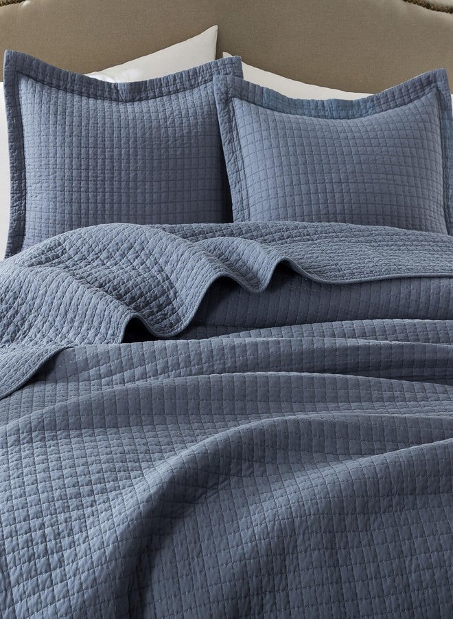 WDCOZY 100% Cotton King Size Quilt Set - Dusty Blue Pick Stitch Soft Lightweight Bedspread, Textured Like Linen, Farmhouse Country Rustic Coverlet, Shabby Chic Gauze Bedding, 3 Pieces - Image 3
