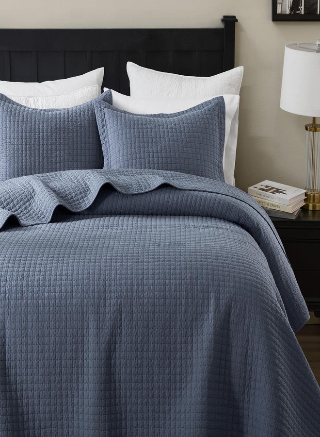 WDCOZY 100% Cotton King Size Quilt Set - Dusty Blue Pick Stitch Soft Lightweight Bedspread, Textured Like Linen, Farmhouse Country Rustic Coverlet, Shabby Chic Gauze Bedding, 3 Pieces - Image 4