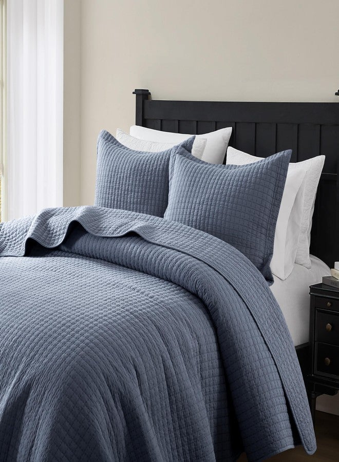 WDCOZY 100% Cotton King Size Quilt Set - Dusty Blue Pick Stitch Soft Lightweight Bedspread, Textured Like Linen, Farmhouse Country Rustic Coverlet, Shabby Chic Gauze Bedding, 3 Pieces - Image 5