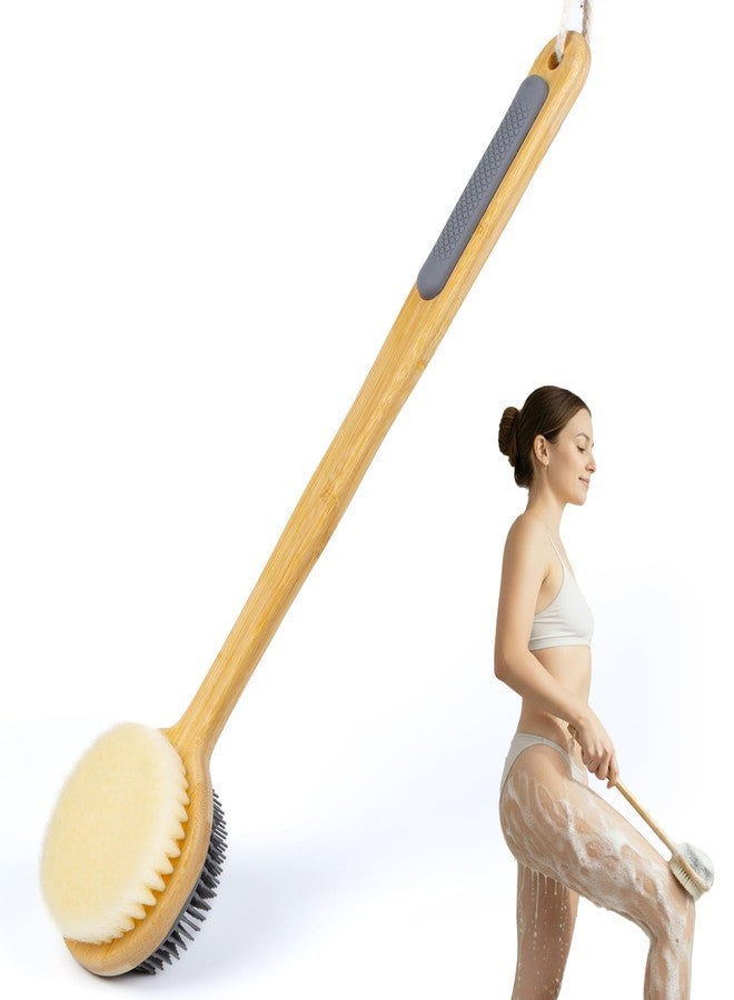 MtBoi Dual-Sided Back Scrubber for Shower – Nylon Bristles for Deep Exfoliation, Soft Silicone for Gentle Care, Long Bamboo Handle with Anti-Slip Grip, Perfect for Wet or Dry Brushing (Gray) - Image 1