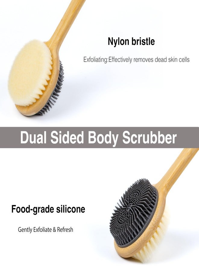 MtBoi Dual-Sided Back Scrubber for Shower – Nylon Bristles for Deep Exfoliation, Soft Silicone for Gentle Care, Long Bamboo Handle with Anti-Slip Grip, Perfect for Wet or Dry Brushing (Gray) - Image 2