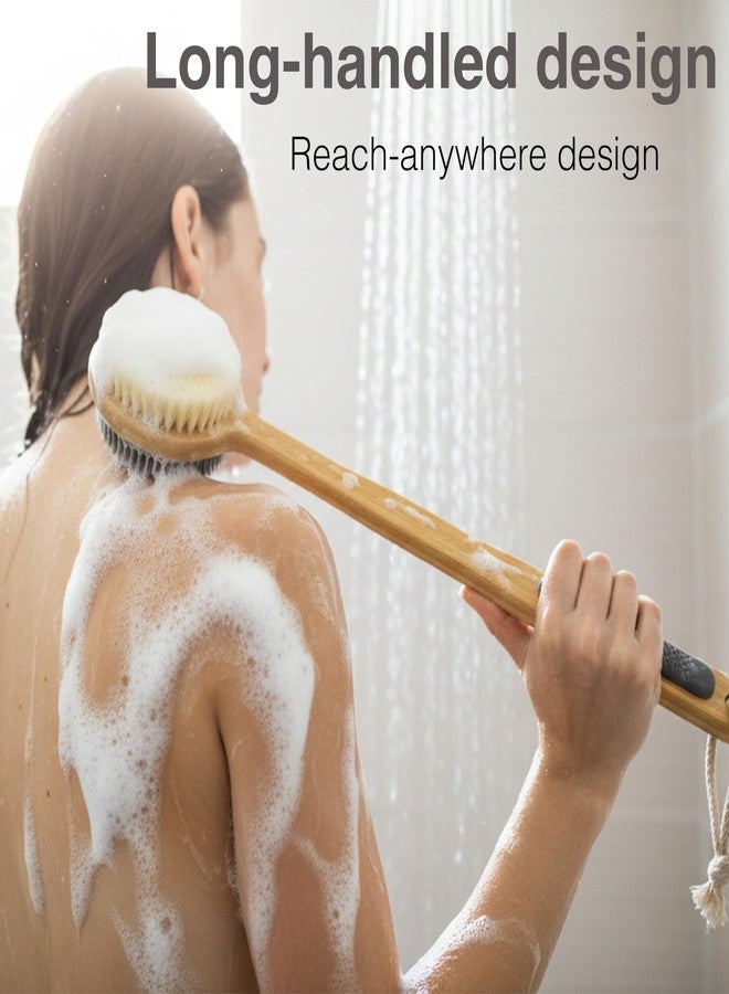 MtBoi Dual-Sided Back Scrubber for Shower – Nylon Bristles for Deep Exfoliation, Soft Silicone for Gentle Care, Long Bamboo Handle with Anti-Slip Grip, Perfect for Wet or Dry Brushing (Gray) - Image 3