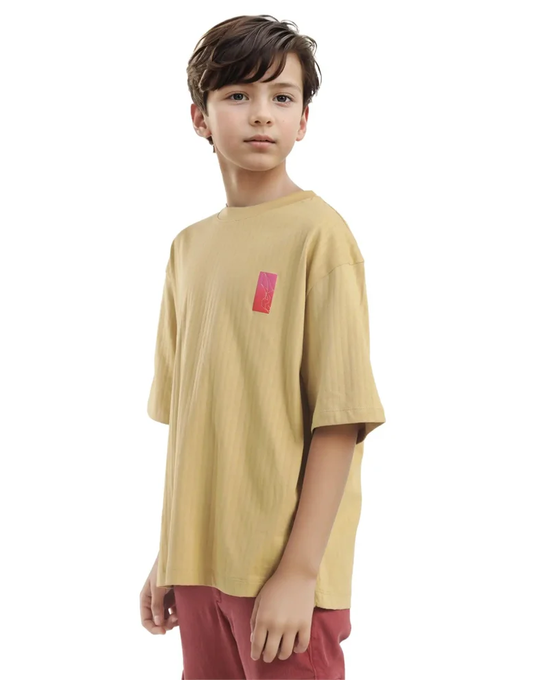 Rare Ones Rare Ones Kids Lest Mustard Cotton Half Sleeves Ribbed Crew Neck Graphic Back Print Oversized Fit T-Shirt