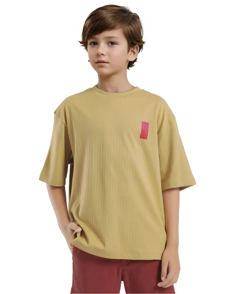 Rare Ones Rare Ones Kids Lest Mustard Cotton Half Sleeves Ribbed Crew Neck Graphic Back Print Oversized Fit T-Shirt