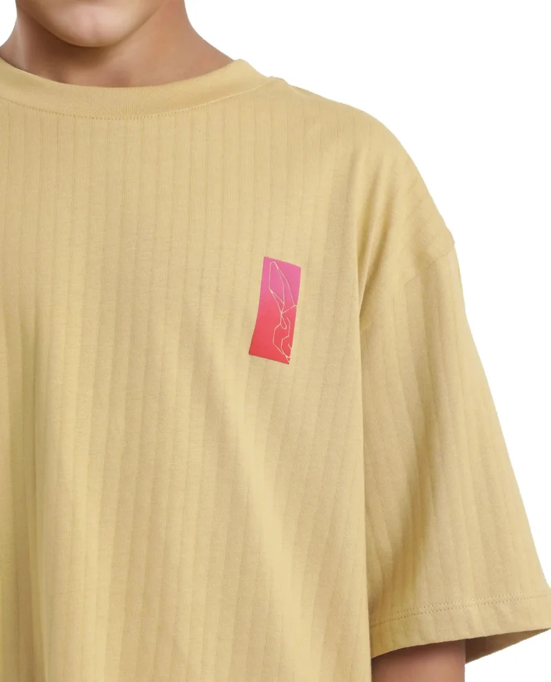 Rare Ones Rare Ones Kids Lest Mustard Cotton Half Sleeves Ribbed Crew Neck Graphic Back Print Oversized Fit T-Shirt