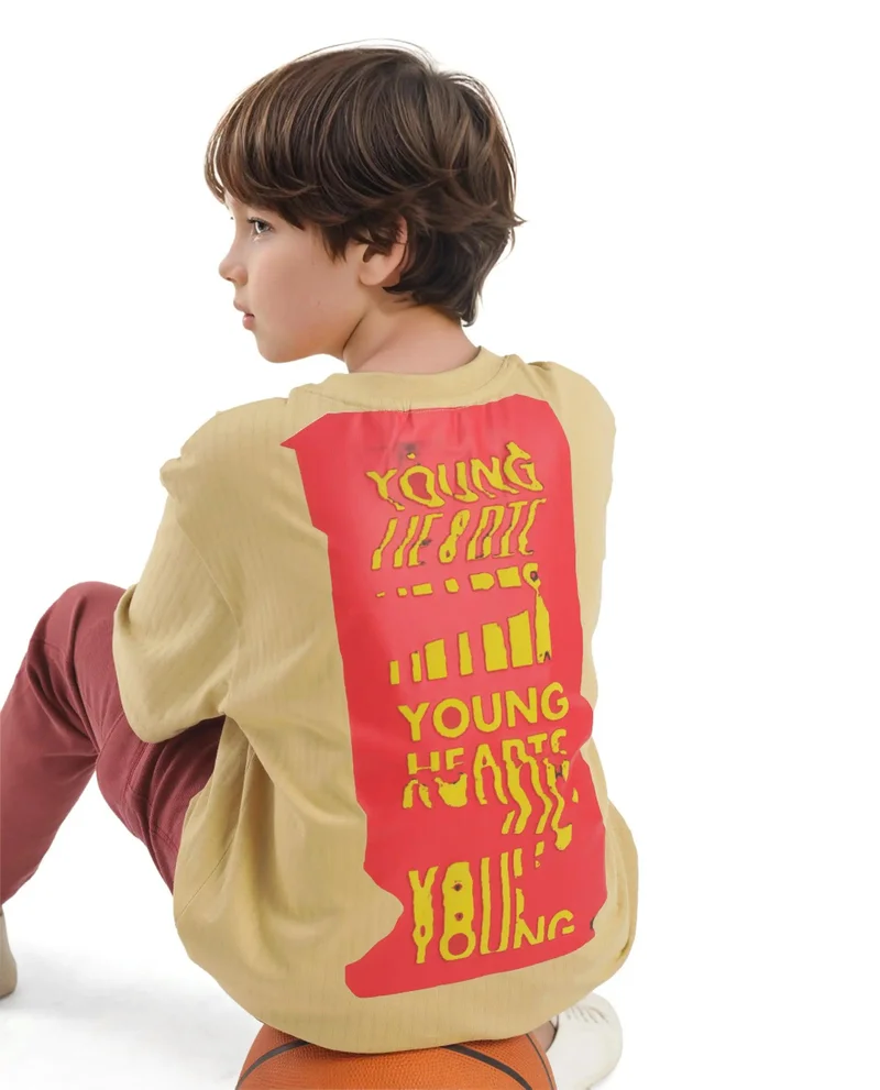 Rare Ones Rare Ones Kids Lest Mustard Cotton Half Sleeves Ribbed Crew Neck Graphic Back Print Oversized Fit T-Shirt