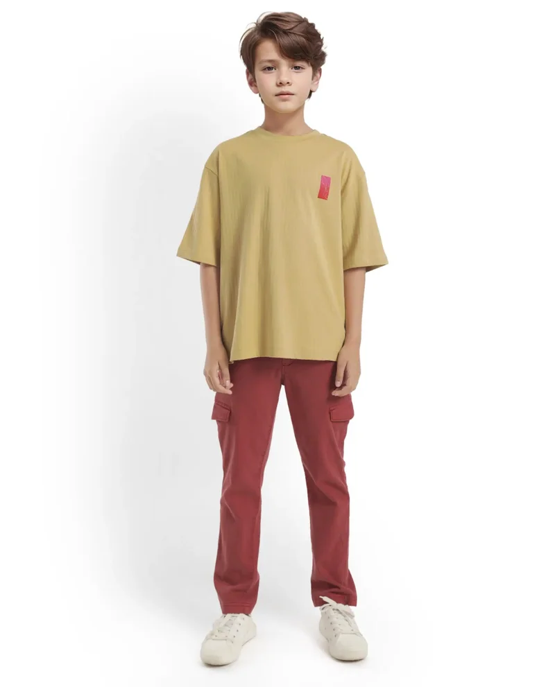 Rare Ones Rare Ones Kids Lest Mustard Cotton Half Sleeves Ribbed Crew Neck Graphic Back Print Oversized Fit T-Shirt