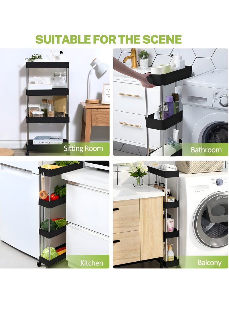 BestStore - 4-Tier Slim Rolling Kitchen Trolley Storage  Cart Organizer with 4 Hooks Wheels for Mobility and Water derange Functional Shelves for Bathroom Office Bedroom - Image 1