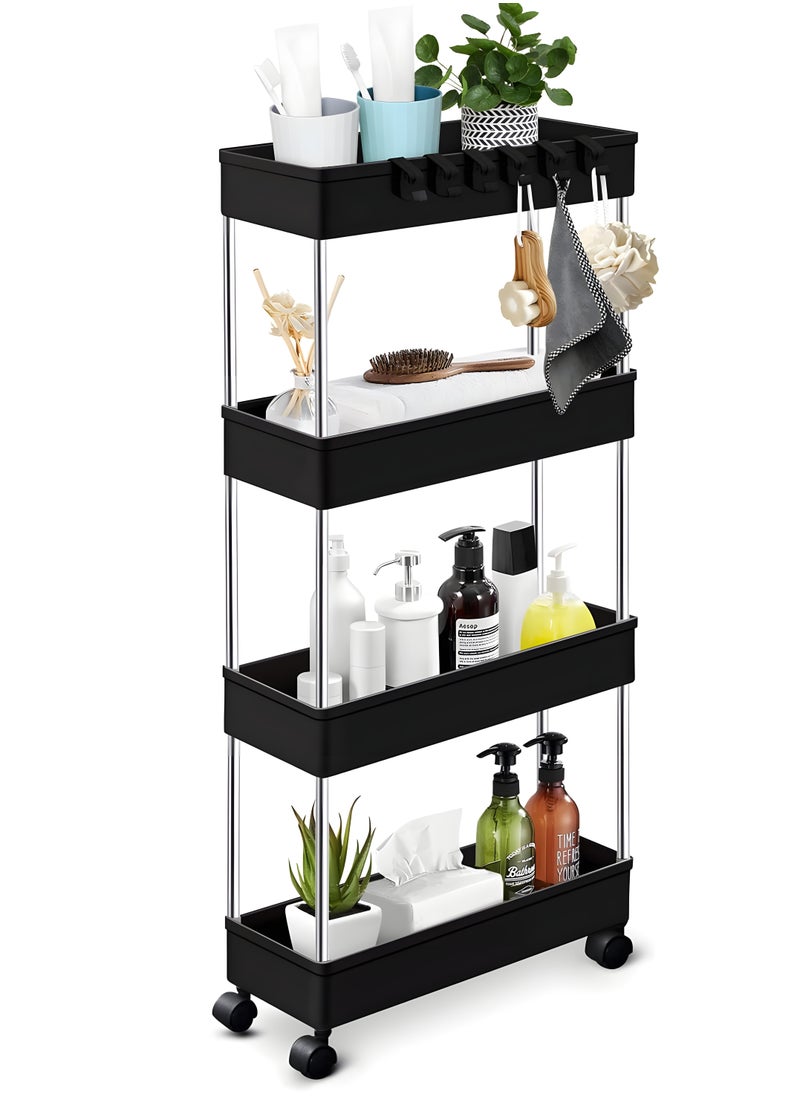 BestStore - 4-Tier Slim Rolling Kitchen Trolley Storage  Cart Organizer with 4 Hooks Wheels for Mobility and Water derange Functional Shelves for Bathroom Office Bedroom - Image 1