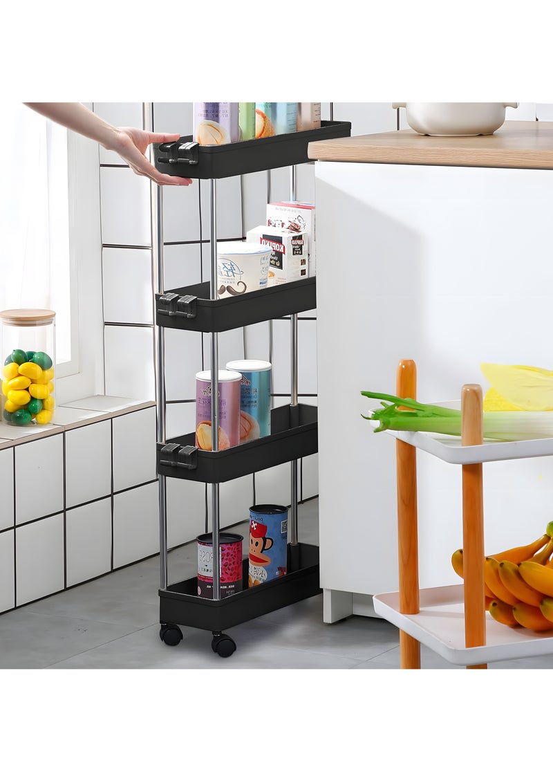 BestStore - 4-Tier Slim Rolling Kitchen Trolley Storage  Cart Organizer with 4 Hooks Wheels for Mobility and Water derange Functional Shelves for Bathroom Office Bedroom - Image 1
