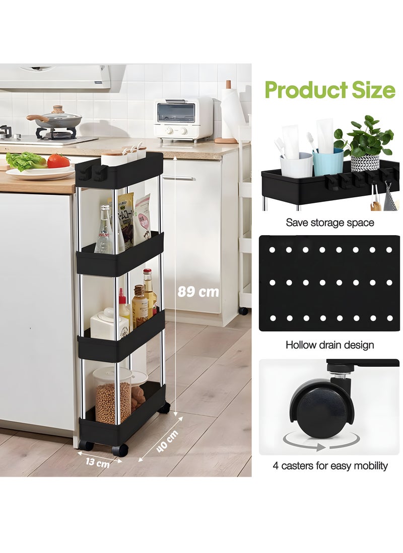 BestStore - 4-Tier Slim Rolling Kitchen Trolley Storage  Cart Organizer with 4 Hooks Wheels for Mobility and Water derange Functional Shelves for Bathroom Office Bedroom - Image 1