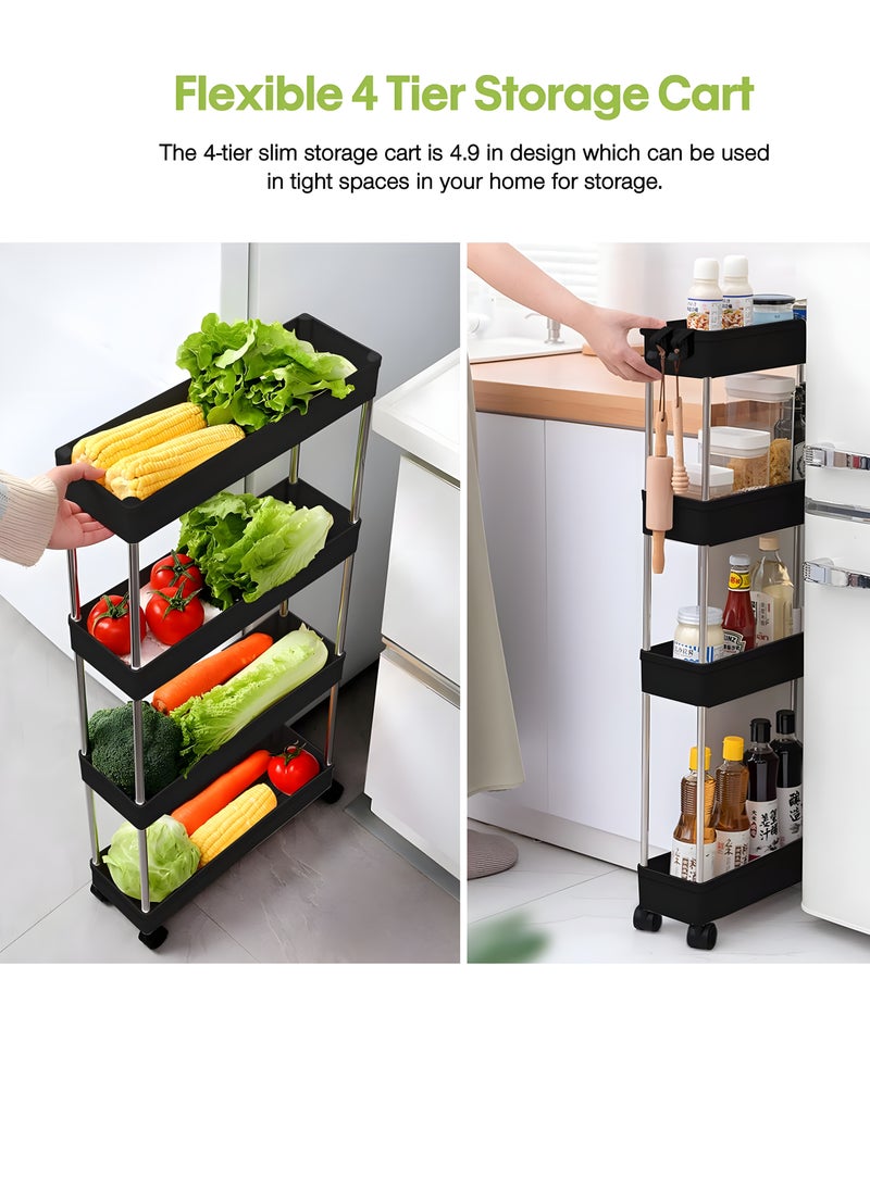 BestStore - 4-Tier Slim Rolling Kitchen Trolley Storage  Cart Organizer with 4 Hooks Wheels for Mobility and Water derange Functional Shelves for Bathroom Office Bedroom - Image 1