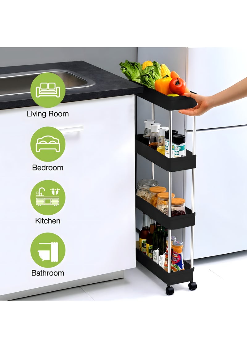 BestStore - 4-Tier Slim Rolling Kitchen Trolley Storage  Cart Organizer with 4 Hooks Wheels for Mobility and Water derange Functional Shelves for Bathroom Office Bedroom - Image 1