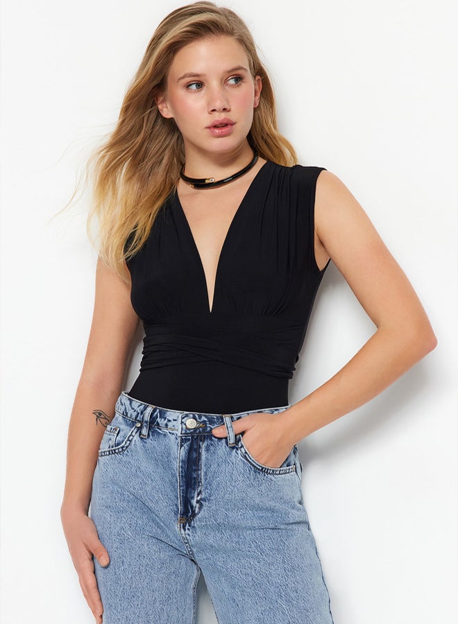 trendyol Black Tie Detail V Neck Fitted/Situated Elastic Snaps Knitted Bodysuit  - Image 1