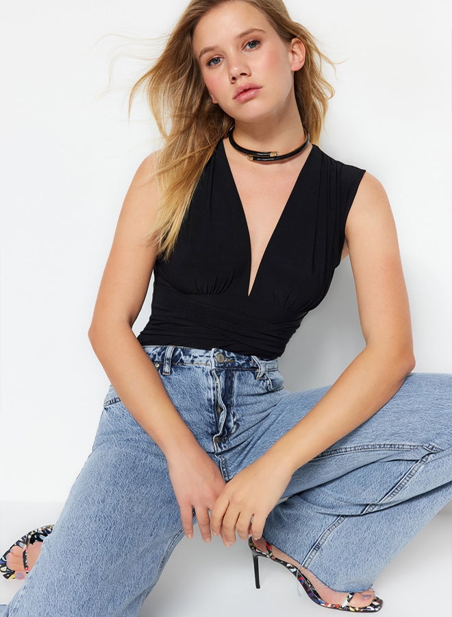 trendyol Black Tie Detail V Neck Fitted/Situated Elastic Snaps Knitted Bodysuit  - Image 2