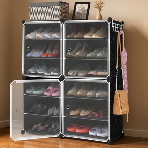 ABOUT SPACE Plastic Shoe Rack Organizer-6 Layer Shoe Stand with Hanger&Door for Home-DIY 24 Pair Portable,Expandable 3 Cube Shoe for Boots,Heels,Slipper for Women,Men,Outdoor (Black) - Image 1