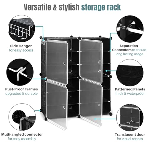 ABOUT SPACE Plastic Shoe Rack Organizer-6 Layer Shoe Stand with Hanger&Door for Home-DIY 24 Pair Portable,Expandable 3 Cube Shoe for Boots,Heels,Slipper for Women,Men,Outdoor (Black) - Image 4