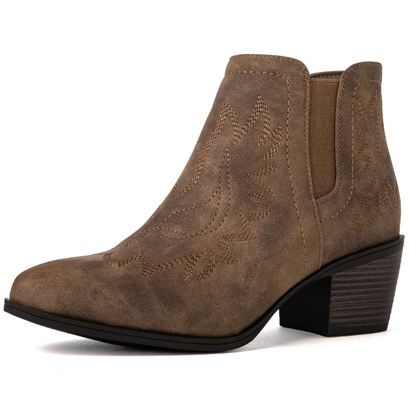 GLOBALWIN Cowboy Boots For Women Western Style Comfortable Pull On Short Ankle Cowgirl Boots Low Heel Camel Size 8.5M - Image 2