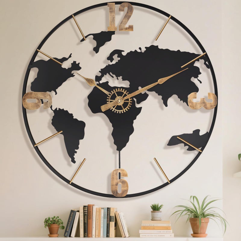 Pytha Sight 24 Inch Large Wall Clock,Modern Decorative Big World Map with Vintage Gold Arabic Numeral Extra Giant Metal Oversized Wall Clocks for Living Room,Office,Kitchen,Dining Room,Bedroom - Image 1