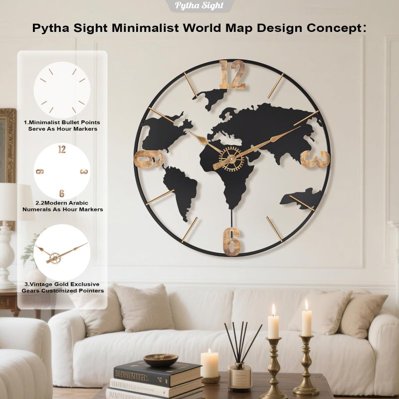 Pytha Sight 24 Inch Large Wall Clock,Modern Decorative Big World Map with Vintage Gold Arabic Numeral Extra Giant Metal Oversized Wall Clocks for Living Room,Office,Kitchen,Dining Room,Bedroom - Image 3