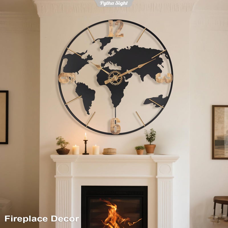 Pytha Sight 24 Inch Large Wall Clock,Modern Decorative Big World Map with Vintage Gold Arabic Numeral Extra Giant Metal Oversized Wall Clocks for Living Room,Office,Kitchen,Dining Room,Bedroom - Image 4