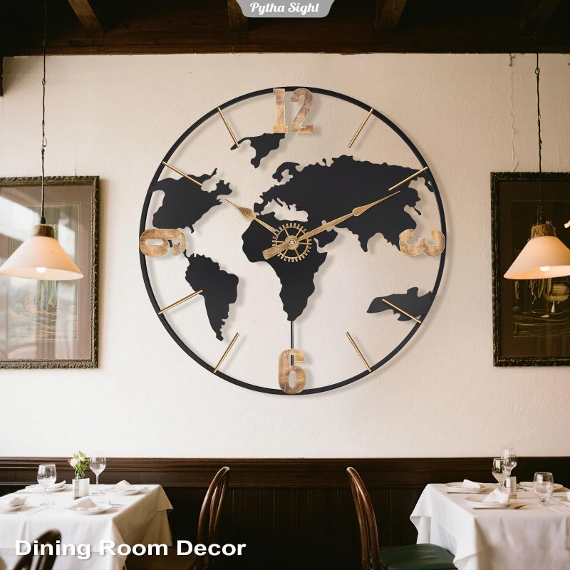 Pytha Sight 24 Inch Large Wall Clock,Modern Decorative Big World Map with Vintage Gold Arabic Numeral Extra Giant Metal Oversized Wall Clocks for Living Room,Office,Kitchen,Dining Room,Bedroom - Image 5