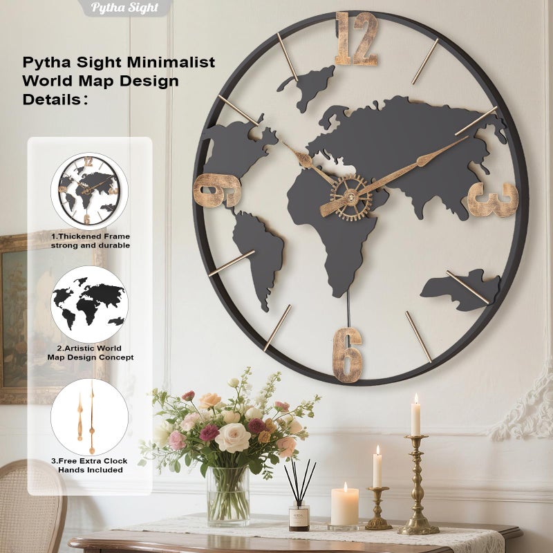 Pytha Sight 24 Inch Large Wall Clock,Modern Decorative Big World Map with Vintage Gold Arabic Numeral Extra Giant Metal Oversized Wall Clocks for Living Room,Office,Kitchen,Dining Room,Bedroom - Image 2