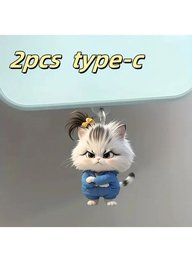 قطعتان من سدادة الغبار الأكريليكية ذات الشكل ثنائي الأبعاد لقطط غاضبة، متوافقة مع منفذ Type C ومنافذ الآيفون - Image 1