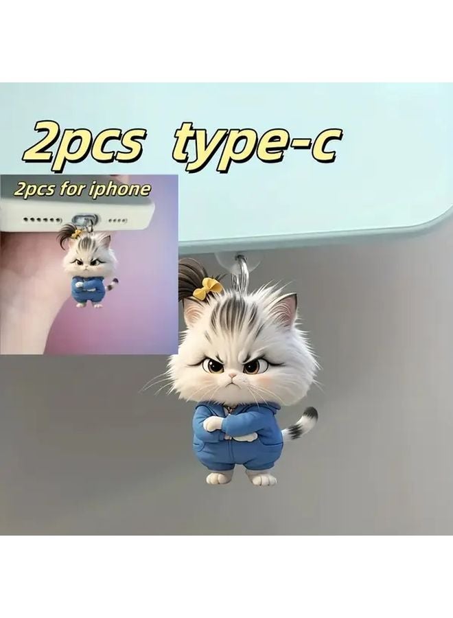 قطعتان من سدادة الغبار الأكريليكية ذات الشكل ثنائي الأبعاد لقطط غاضبة، متوافقة مع منفذ Type C ومنافذ الآيفون - Image 2