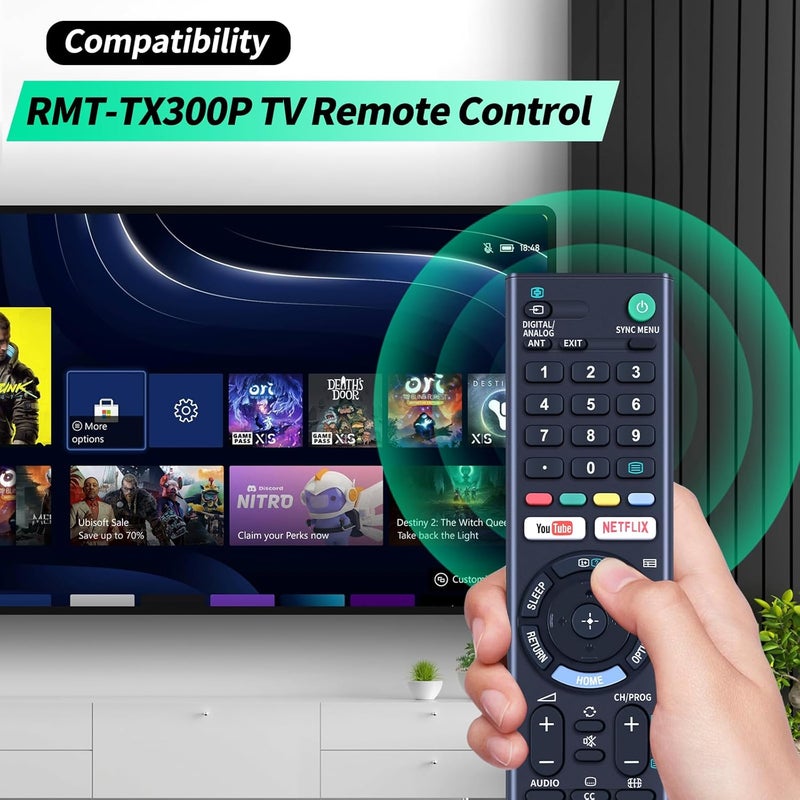 جهاز تحكم عن بعد عالمي لجميع أجهزة تلفزيون سوني LCD وLED وHDTV وSmart Bravia، مزود بأزرار ليوتيوب (YouTube) ونتفليكس (Netflix)، رقم المنتج: RMT-TX300P - Image 1