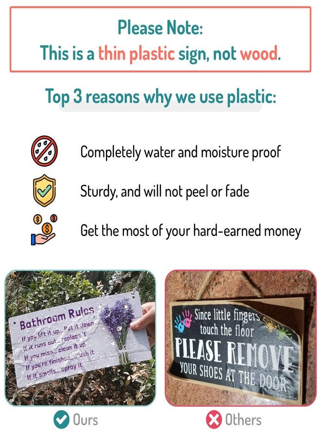 Fun-Plus Bathroom Rule Sign Decor, 12″x6″ PVC Plastic Wall Decoration Hanging Sign, Water and Humidity Proof, Lavender Purple theme Bathroom Reminder Accessories - Image 3