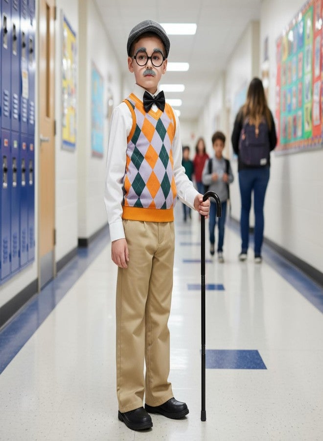 Liitrsh 8 Pcs Old Man Costume for Kids Grandpa Costume 100 Days of School Halloween Vest and Pants for Boys(5-7 Years,Yellow Green Plaid) - Image 3