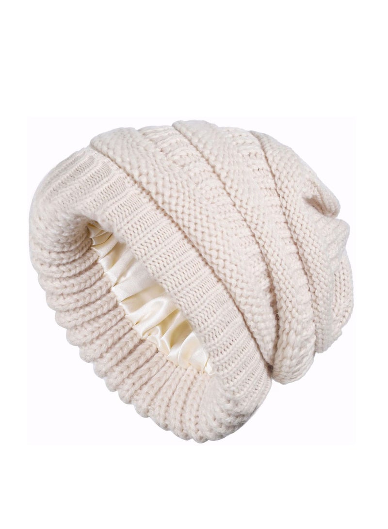 Women Beanie Hat Knitted Hat Winter Double Layer Soft Warm Knitted Beanies Cap Bobble Hat White - Image 1