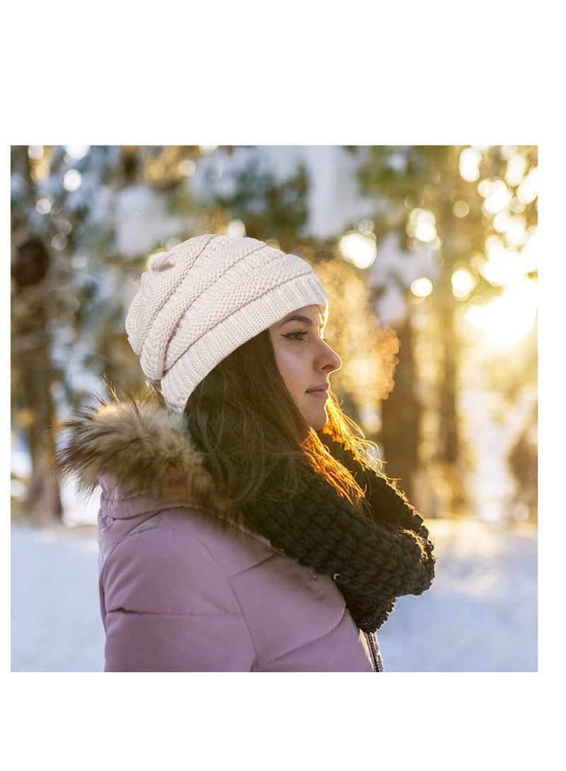 Women Beanie Hat Knitted Hat Winter Double Layer Soft Warm Knitted Beanies Cap Bobble Hat White - Image 5