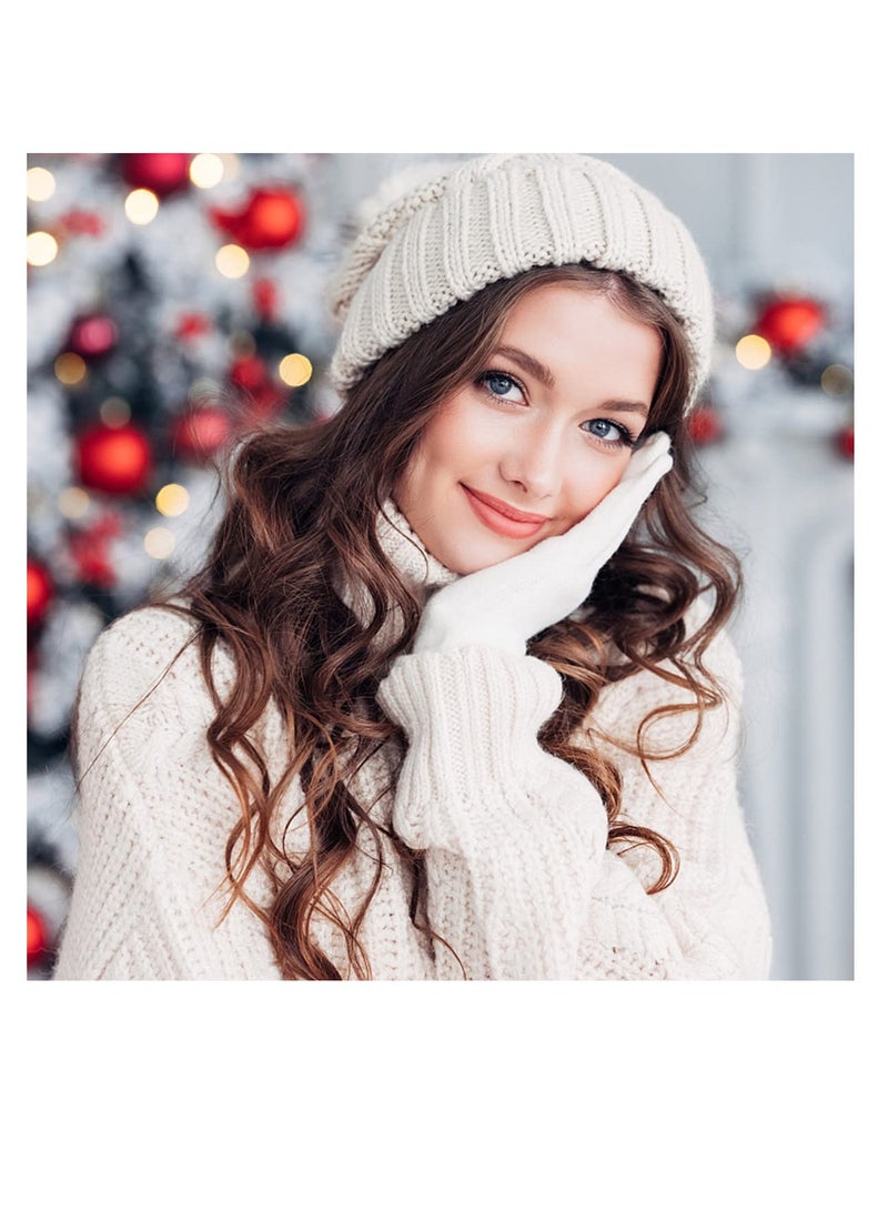 Women Beanie Hat Knitted Hat Winter Double Layer Soft Warm Knitted Beanies Cap Bobble Hat White - Image 4