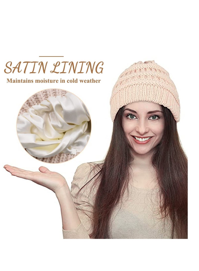Women Beanie Hat Knitted Hat Winter Double Layer Soft Warm Knitted Beanies Cap Bobble Hat White - Image 2