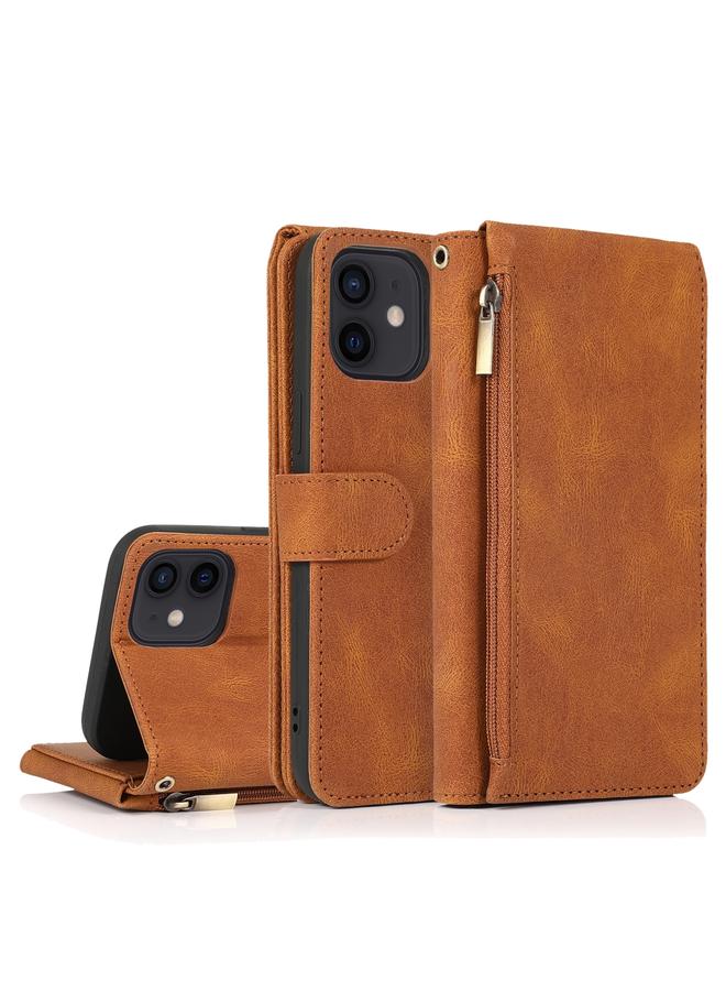 Zaboon Case For iPhone 12 mini Skin-feel Crazy Horse Texture Zipper Wallet Bag Horizontal Flip Leather Case with Holder & Card Slots & Wallet & Lanyard - Image 1