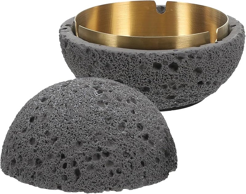 منفضة سجائر معدنية كبيرة بغطاء، ذات ملمس فحمي عميق، سلة نفايات مكتبية للمنزل والمكتب والشرفة - Image 2